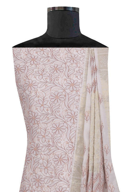 Ada Hand Embroidered Cream Chanderi Lucknowi Chikan Unstitched Kurta Dupatta Set  A586571