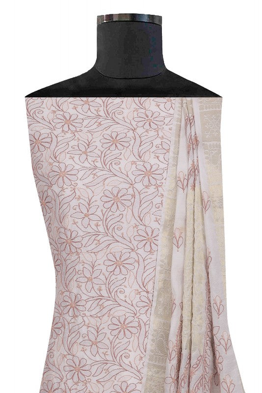 Ada Hand Embroidered Cream Chanderi Lucknowi Chikan Unstitched Kurta Dupatta Set  A586571