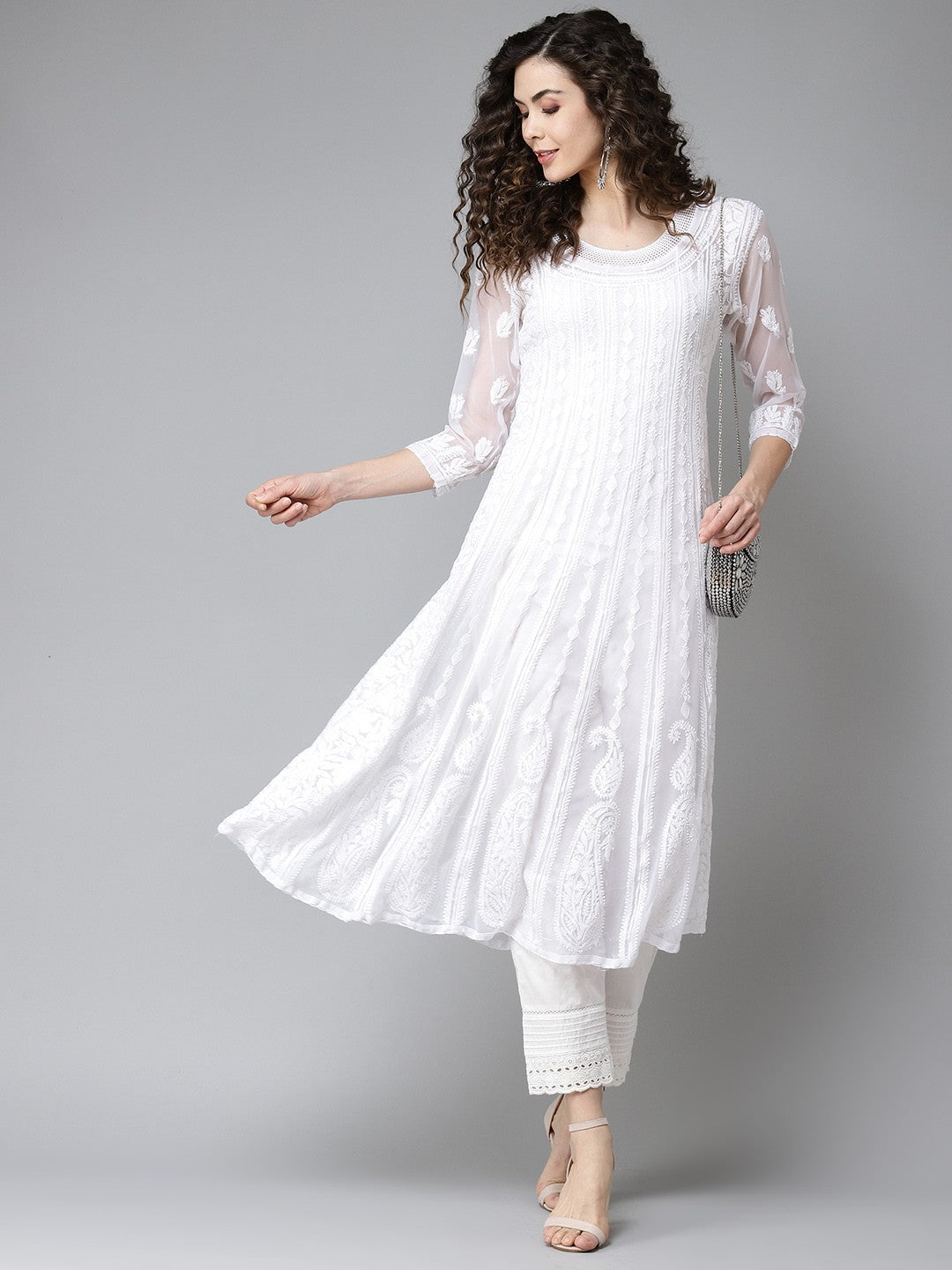 Ada Hand Embroidered White Georgette Lucknowi Chikankari Anarkali A-line Kurta A411205