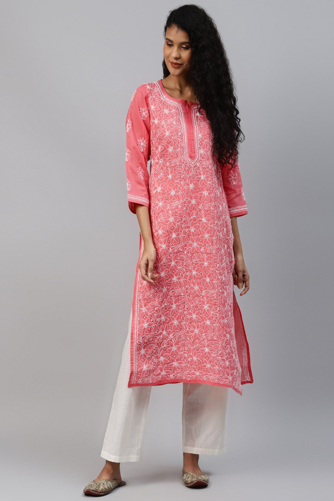 Ada Hand Embroidered Carrot Pink Cotton Lucknowi Chikankari Straight Kurta A411210
