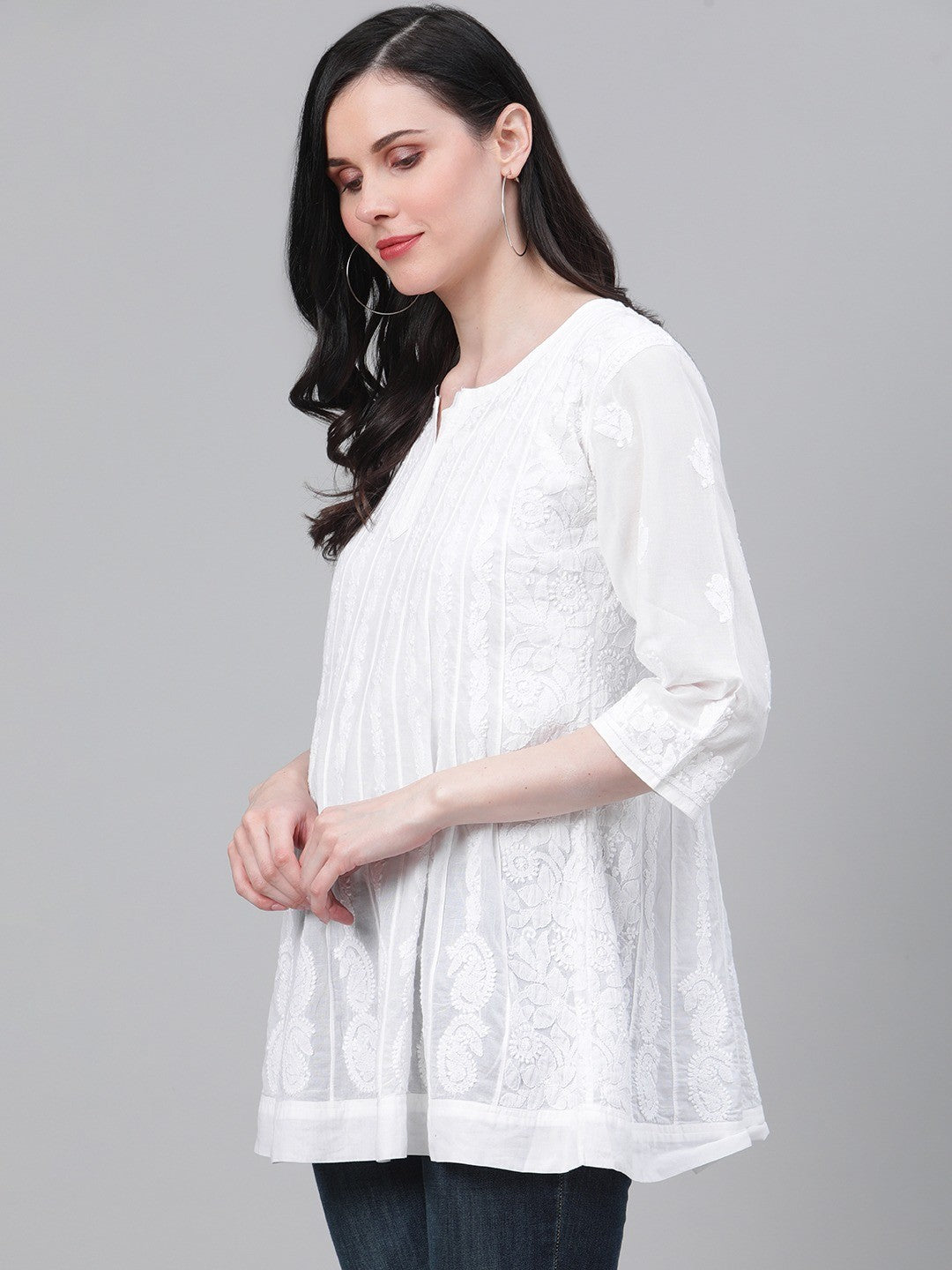 Ada Hand Embroidered White Cotton Lucknowi Chikankari A-Line Kurti A911114