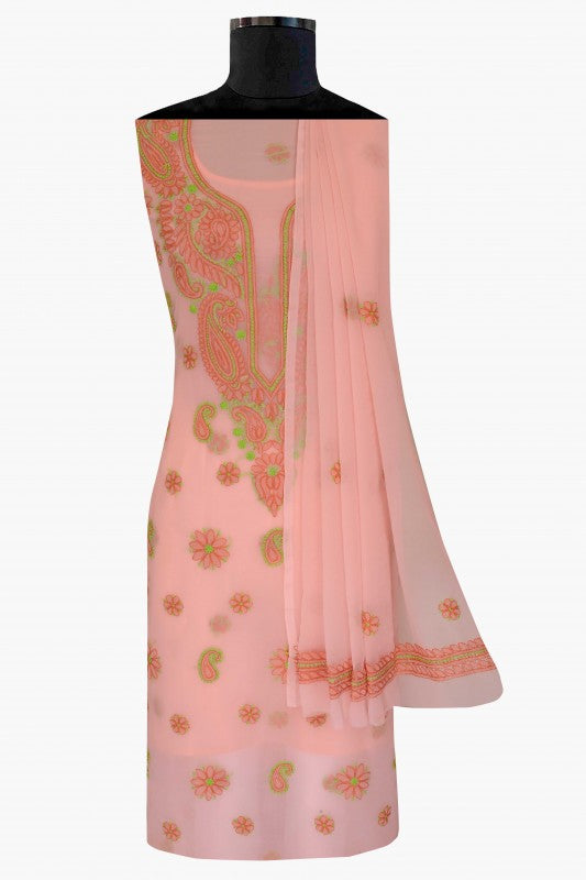 Ada Hand Embroidered Peach Georgette Lucknowi Chikankari Unstitched Suit Piece A211192