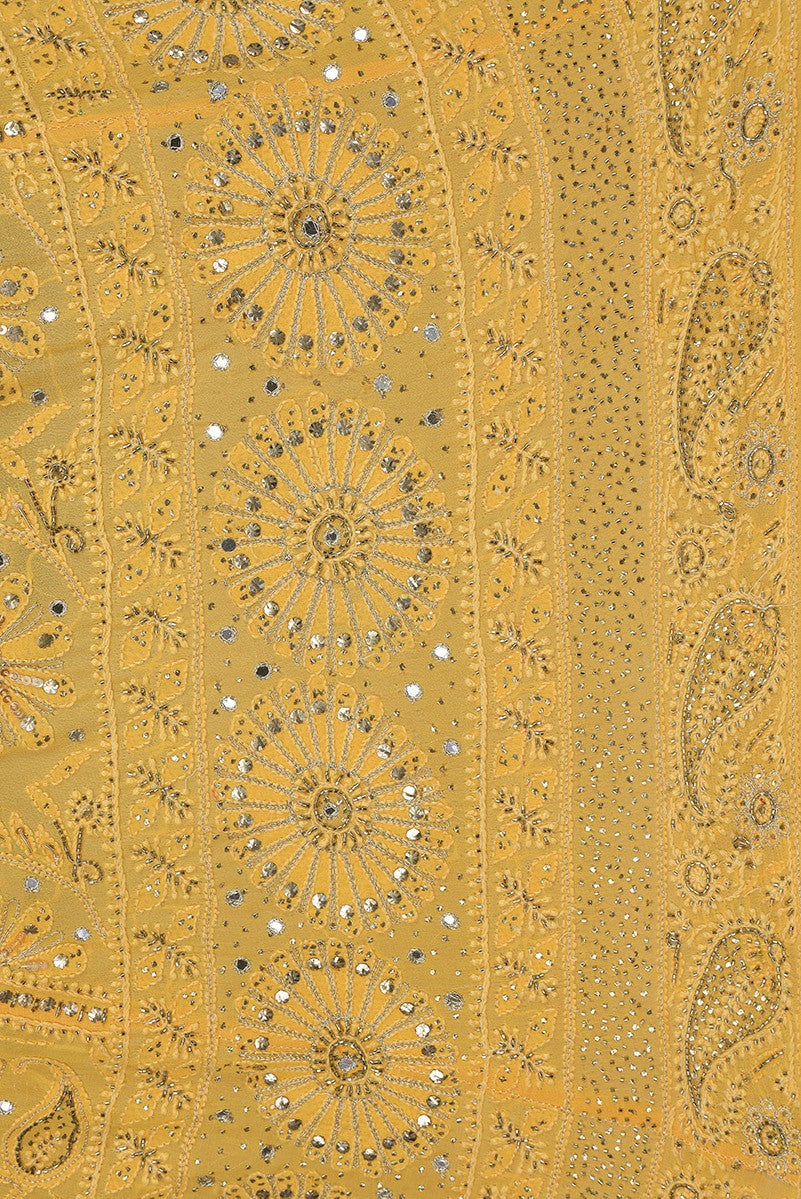 Ada Hand Embroidered Dandelion Yellow Pure Georgette Lucknowi Chikankari Lehenga Set With Muqaish Work– A20700