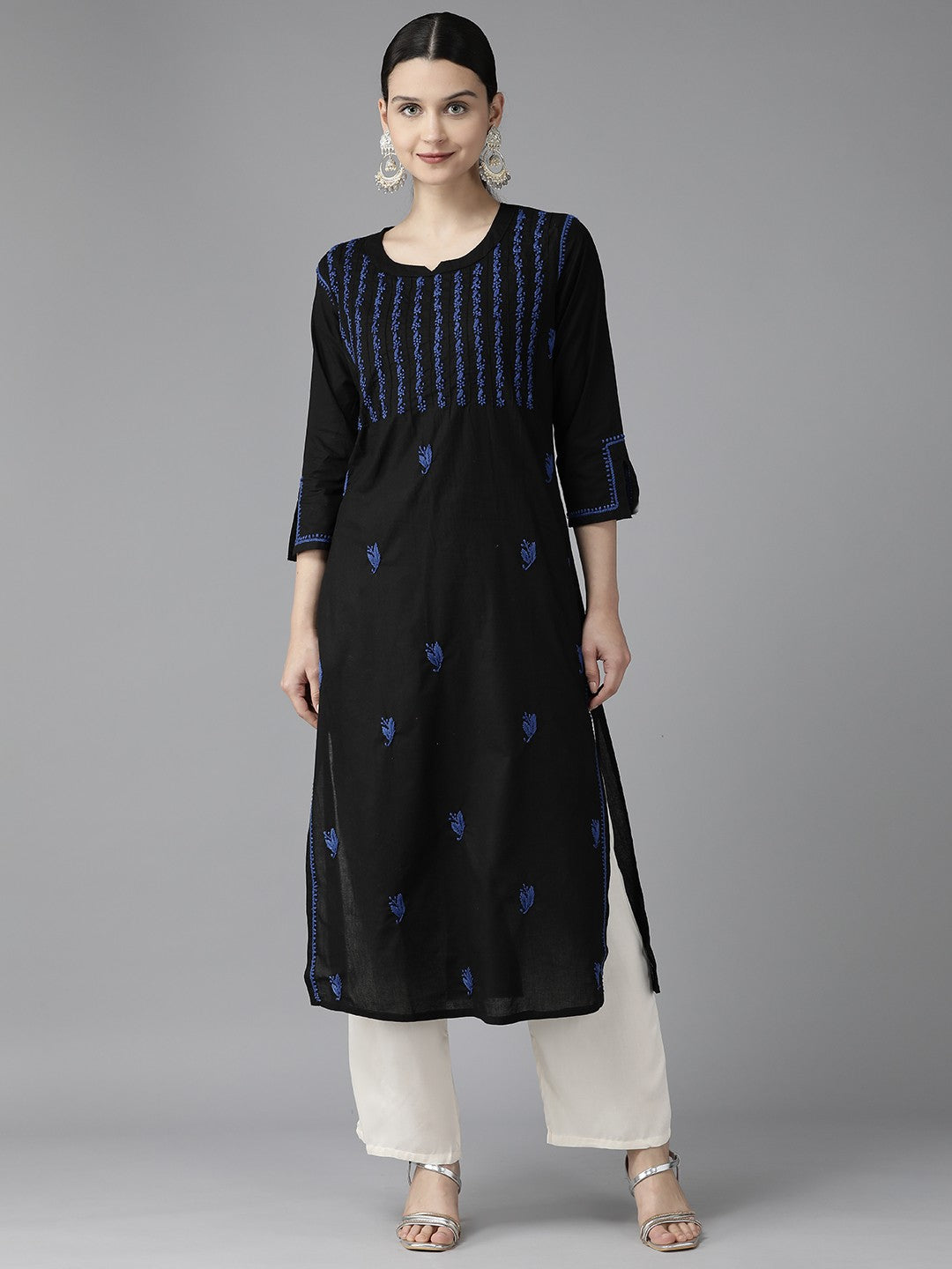 Ada Hand Embroidered Black Cotton Lucknowi Chikankari Straight Kurta A411421