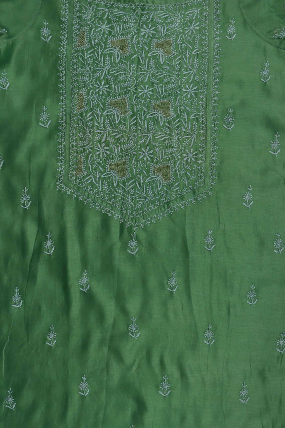 Ada Hand Embroidered Pickle Green Chanderi Lucknowi Chikankari Semi-stitched Kurta Dupatta Set With Zari Work 01A129514