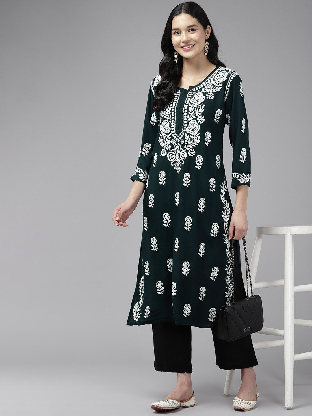 Ada Hand Embroidered Bottle Green Rayon Lucknowi Chikankari Straight Kurta A411433