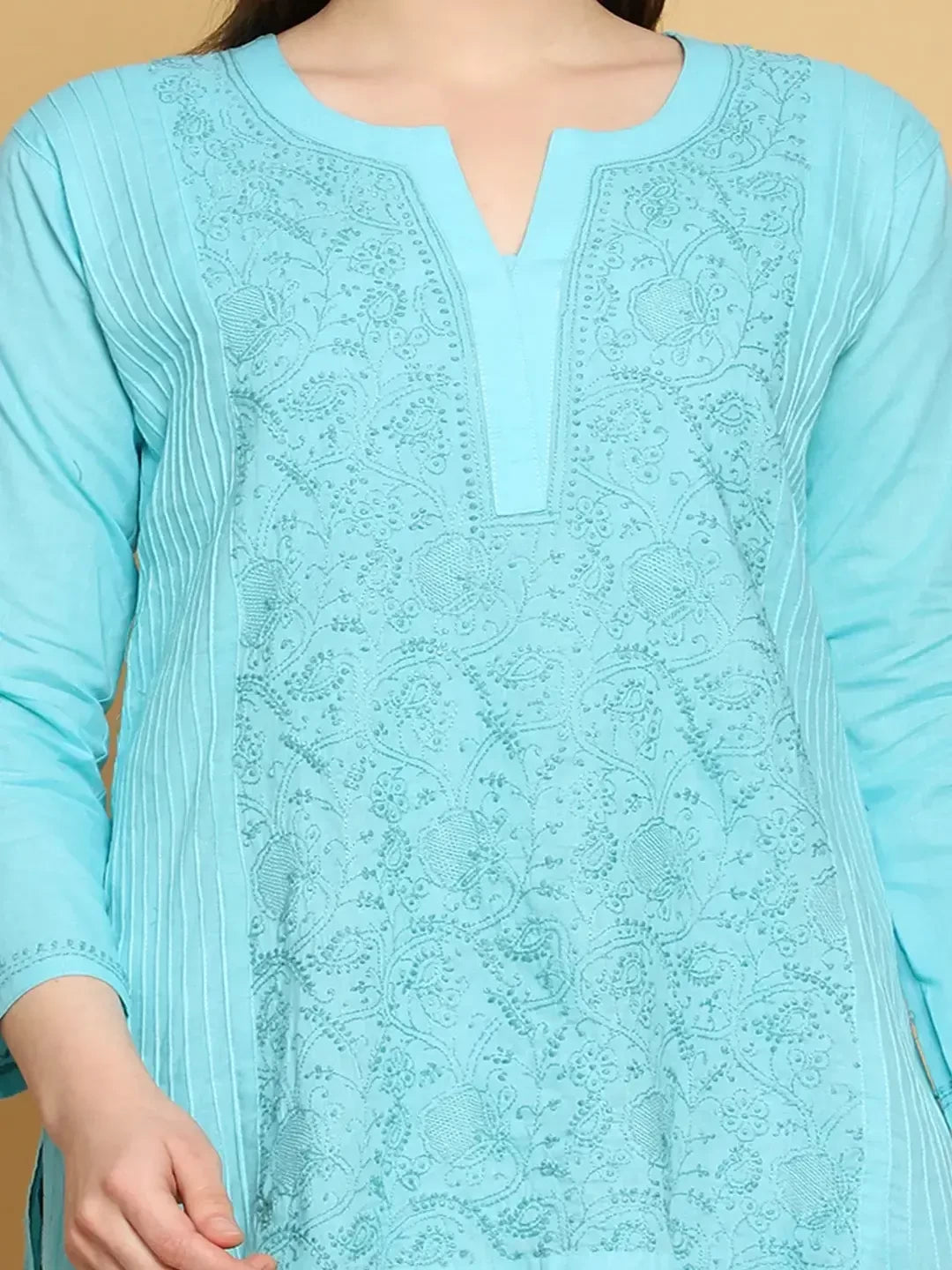 Ada Hand Embroidered Sea Green Cotton Lucknowi Chikankari Straight Kurti A911310