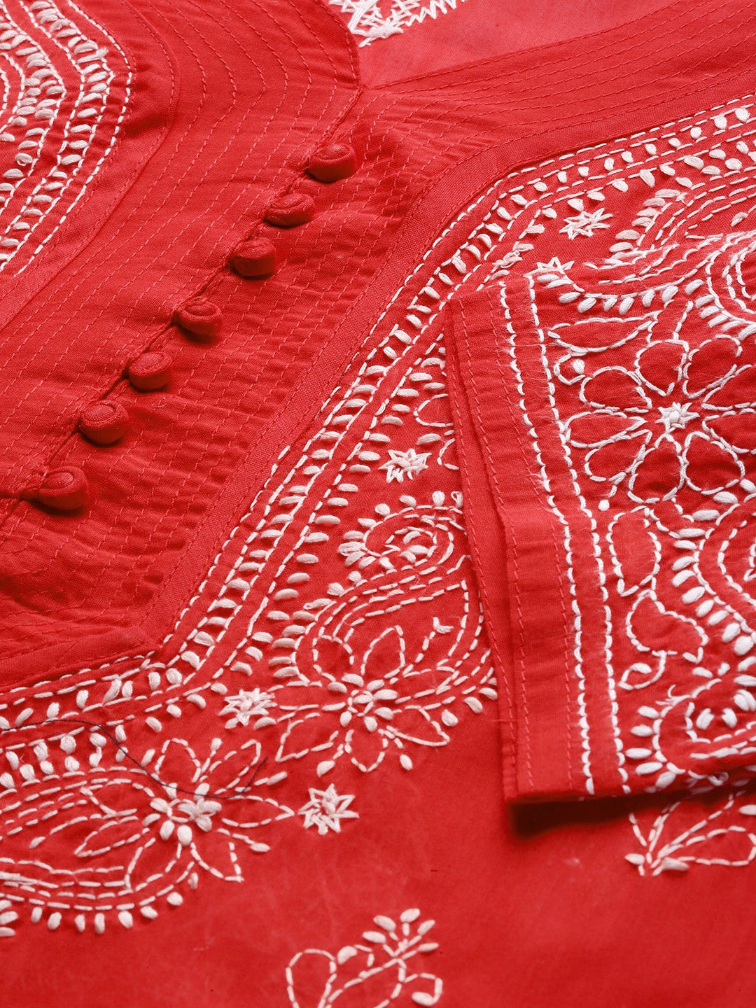 Ada Hand Embroidered Red Cotton Lucknowi Chikankari Straight Kurta A100358