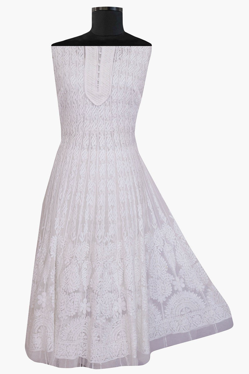 Ada Hand Embroidered White Net Chikan Semi-Stitched Anarkali Kurta Dupatta Set With Pearl Work A476419