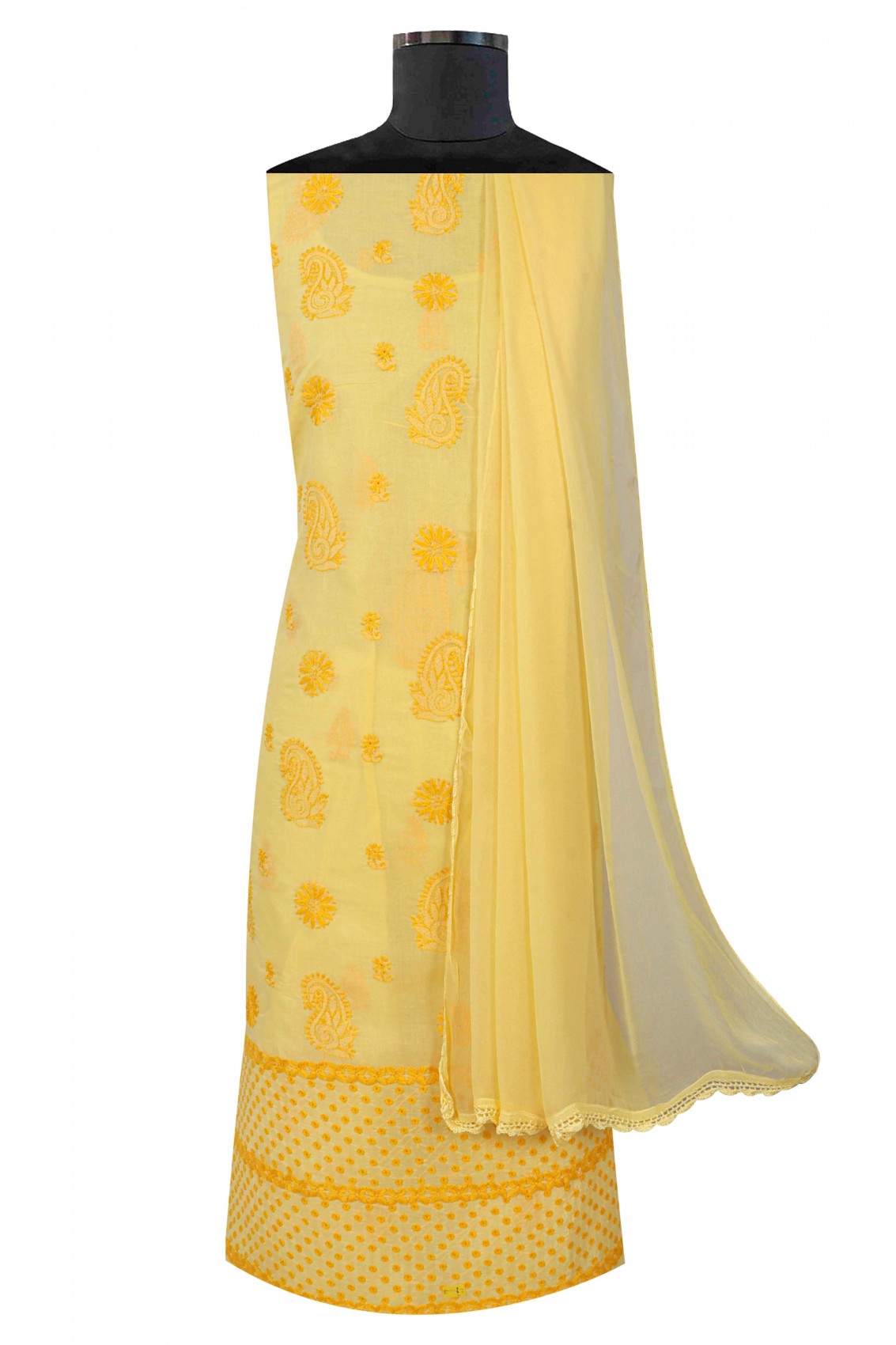 Ada Hand Embroidered Yellow Cotton Lucknowi Chikankari Unstitched Suit Piece 01A179333