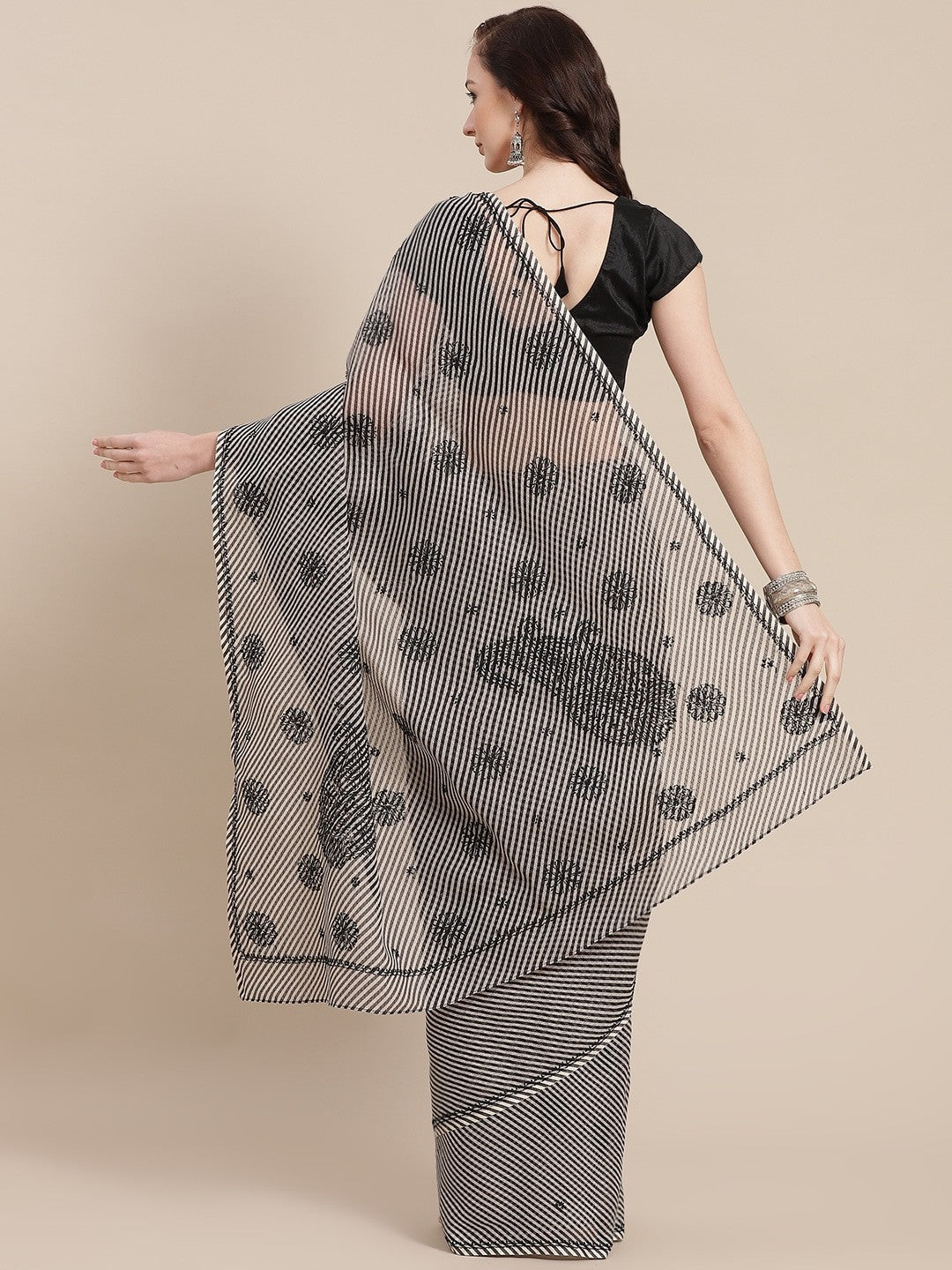 Ada Hand Embroidered Black Kota Lucknow Chikan Saree With Blouse A311347