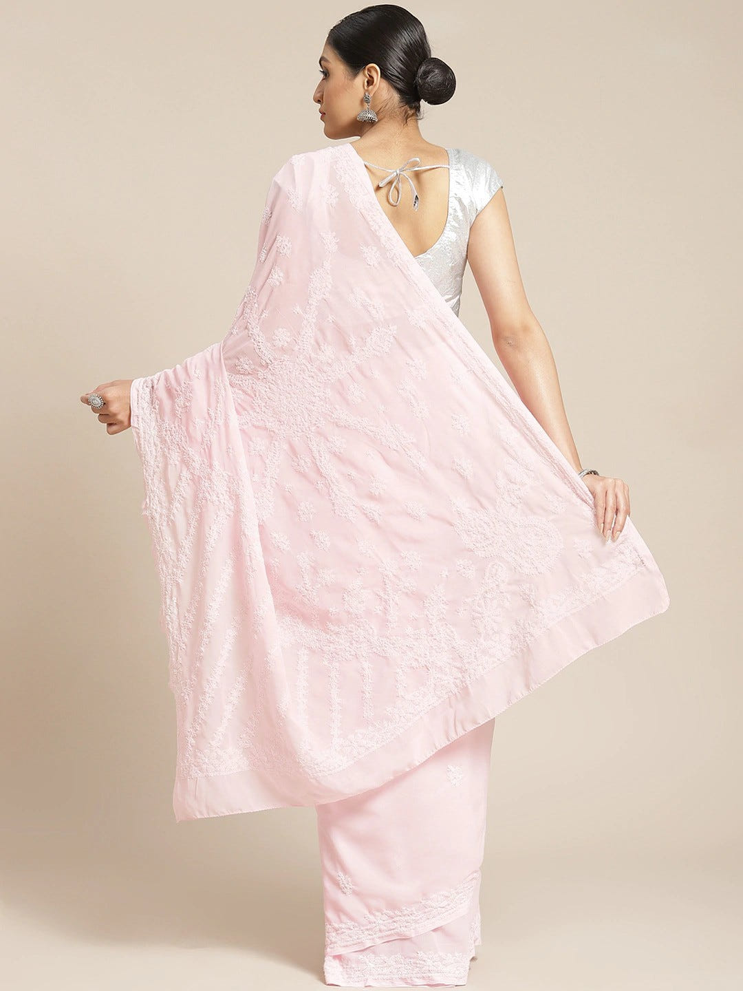 Ada Hand Embroidered Pink Georgette Lucknow Chikan Saree With Blouse - A159308
