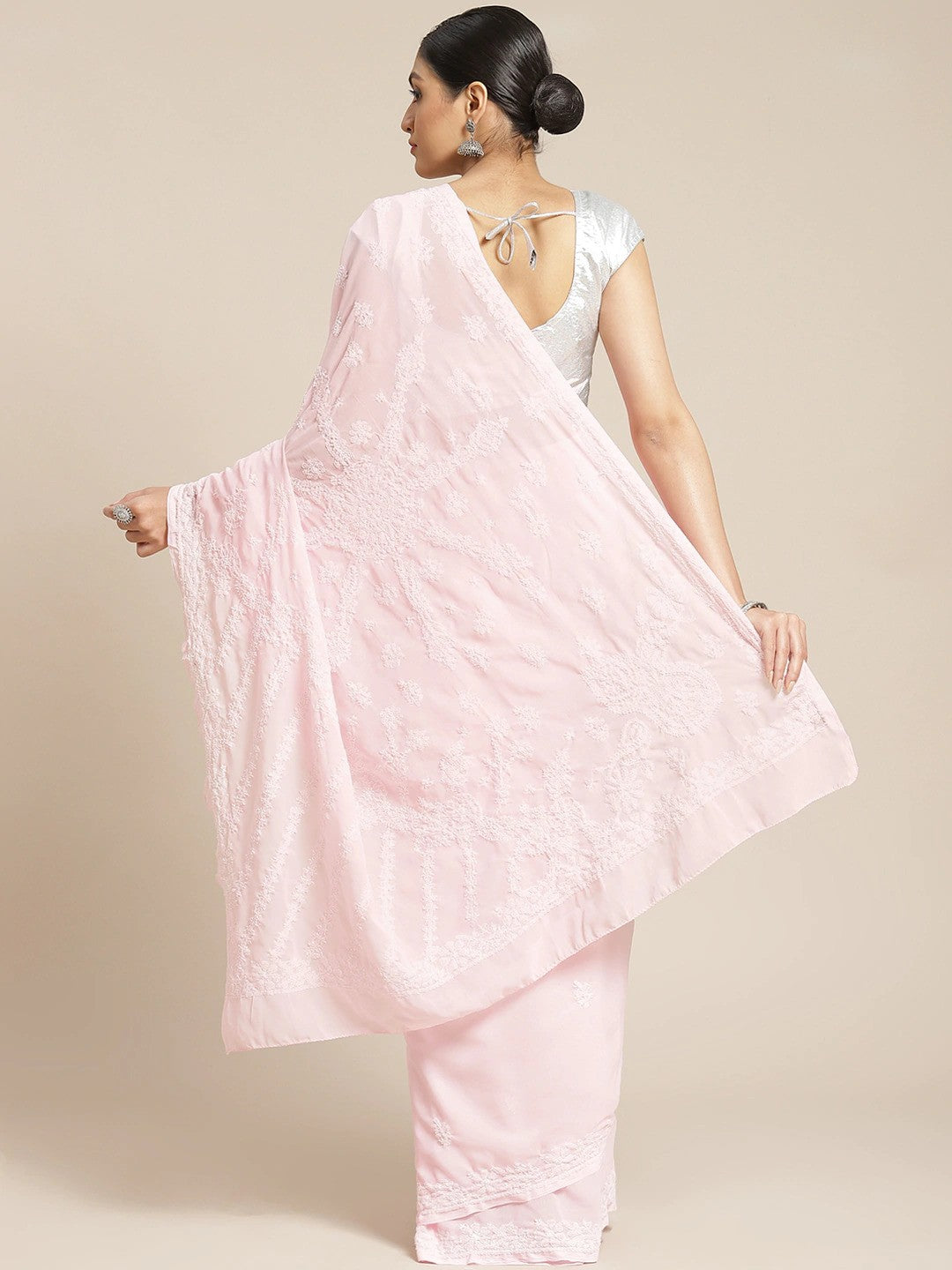 Ada Hand Embroidered Pink Georgette Lucknow Chikan Saree With Blouse - A159308
