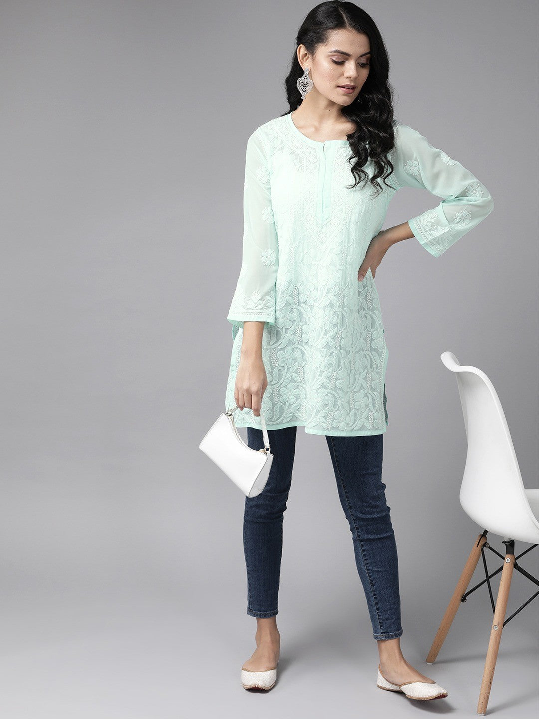 Ada Hand Embroidered Sea Green Georgette Lucknowi Chikankari Straight Kurti A911122