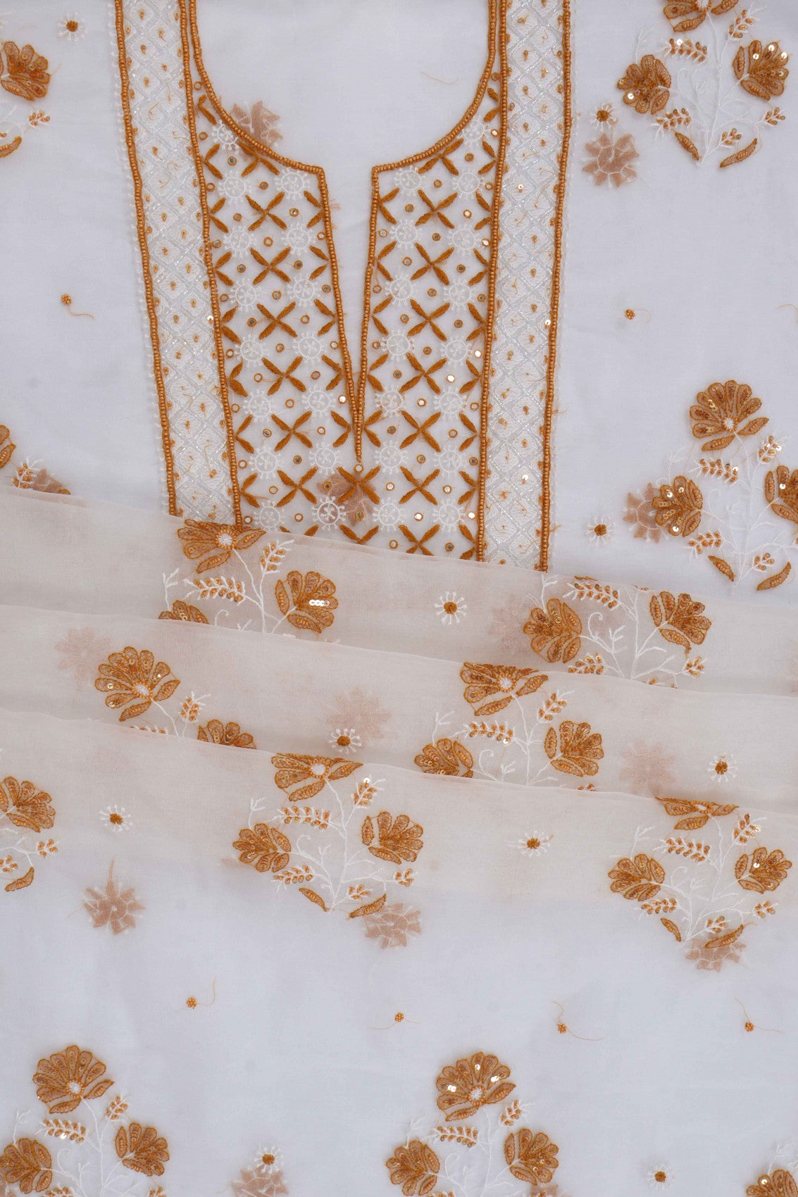Ada Hand Embroidered White Organza Lucknowi Chikankari Unstitched Kurta Dupatta Set With Pearl Work 01A91594