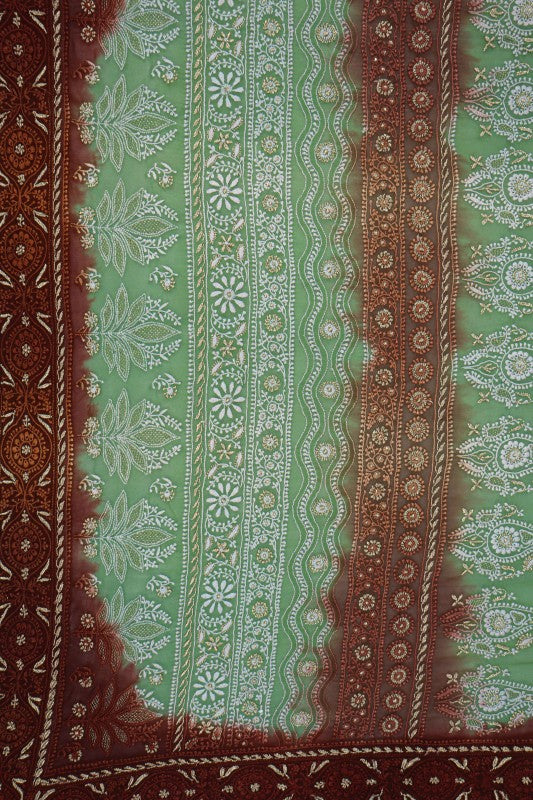 Ada Hand Embroidered Green Dual Shade Pure Georgette Lucknow Chikan Saree/Blouse with Gota Patti Work A50140