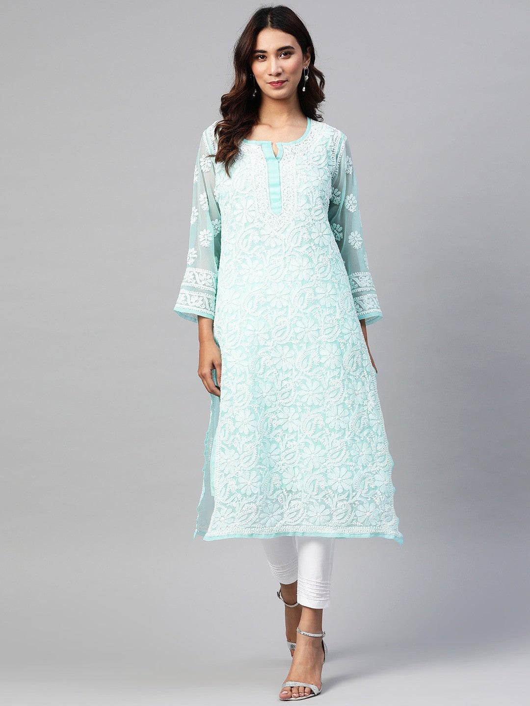 Ada Hand Embroidered Turquoise Blue Georgette Lucknowi Chikankari Straight Kurta Set With Slip A811159
