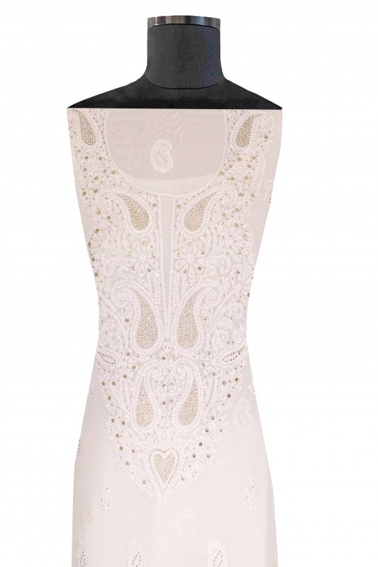 Ada Hand Embroidered White Georgette Lucknowi Chikan Unstitched Kurta Piece with Muqaish Work A339929