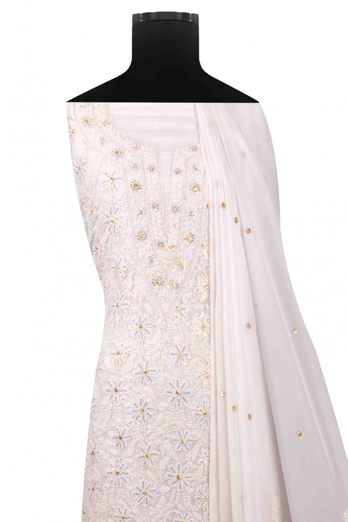 Ada Hand Embroidered White Georgette Lucknowi Chikankari Unstitched Suit Piece With Pearl Work A262204