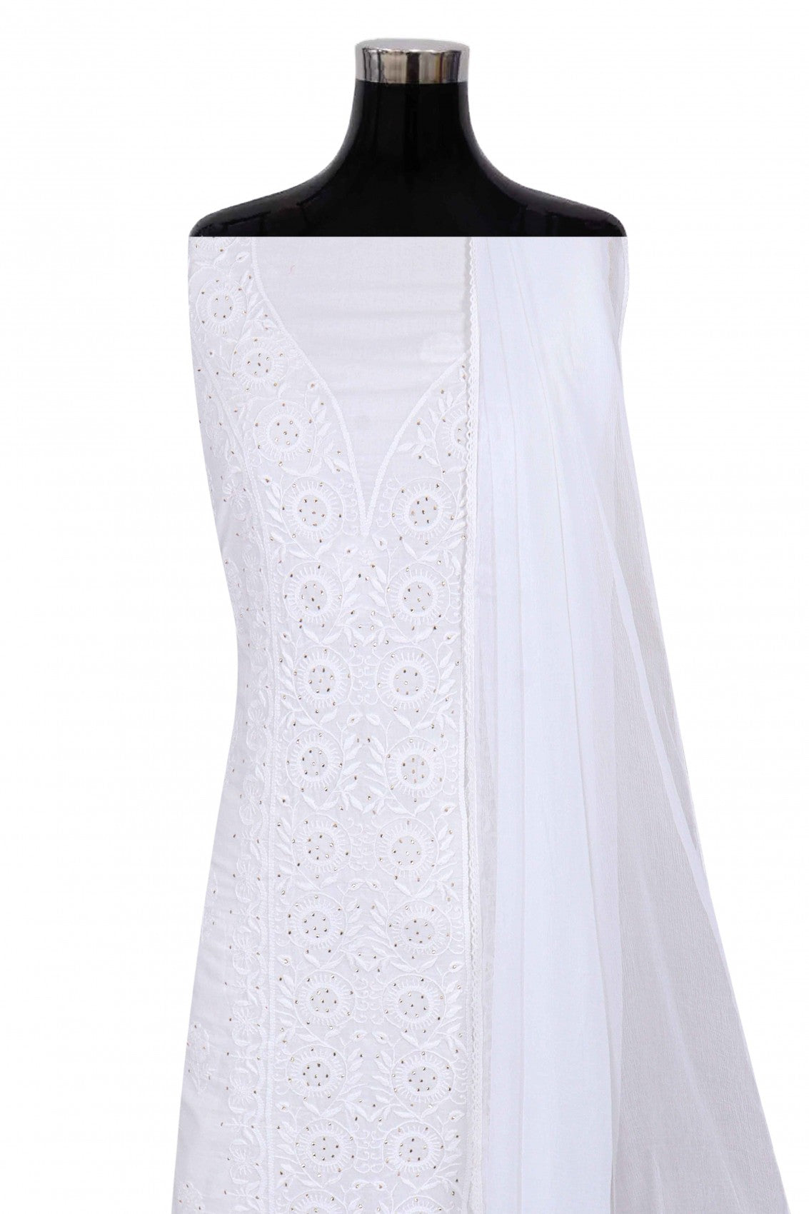 Ada Hand Embroidered White Cotton Lucknowi Chikankari Unstitched Suit Piece With Muqaish Work 01A260001