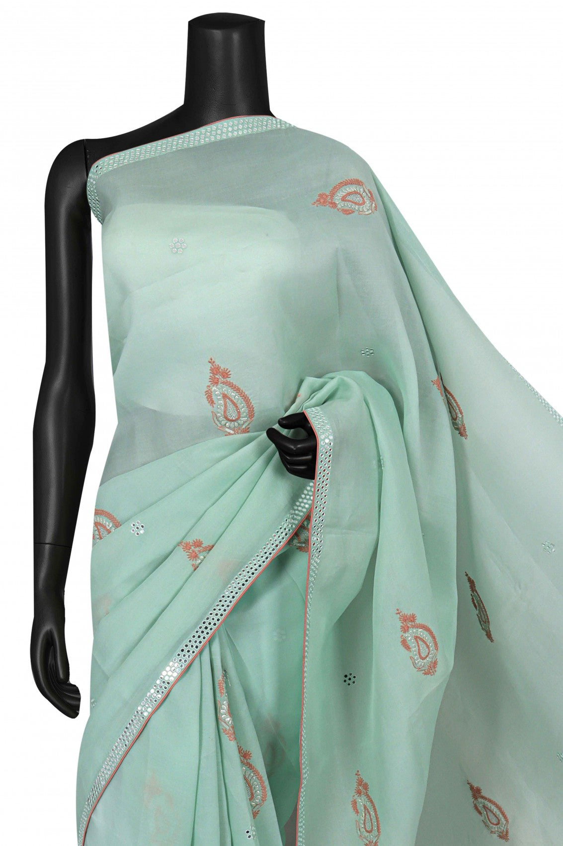 Ada Hand Embroidered Tea Green Organza Lucknowi Chikankari Saree/Blouse With Mirror Work A600720