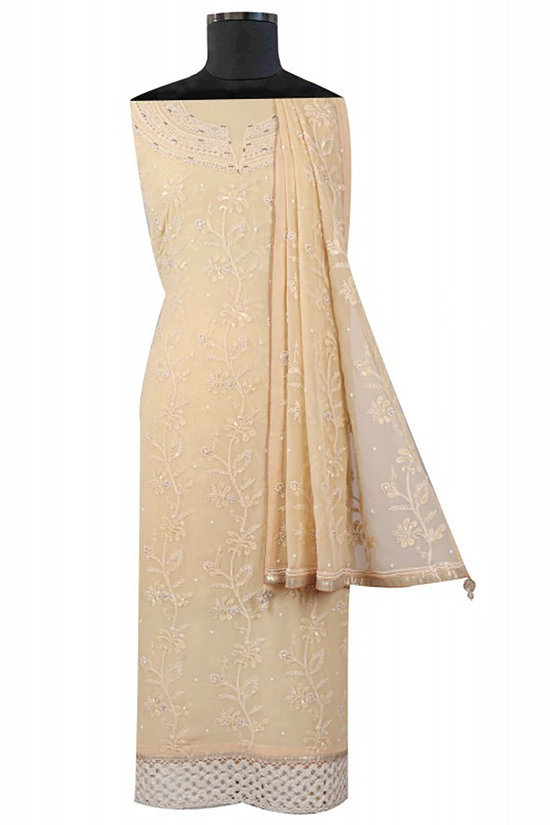 Ada Hand Embroidered Fawn Pure Georgette Lucknowi Chikankari Unstitched Suit Piece With Pearl Work A58116