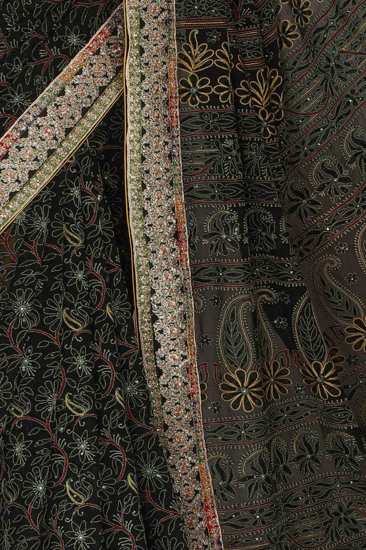 Ada Hand Embroidered Black Pure Georgette Lucknowi Chikankari Saree/Blouse With Sequinned Work- A30499