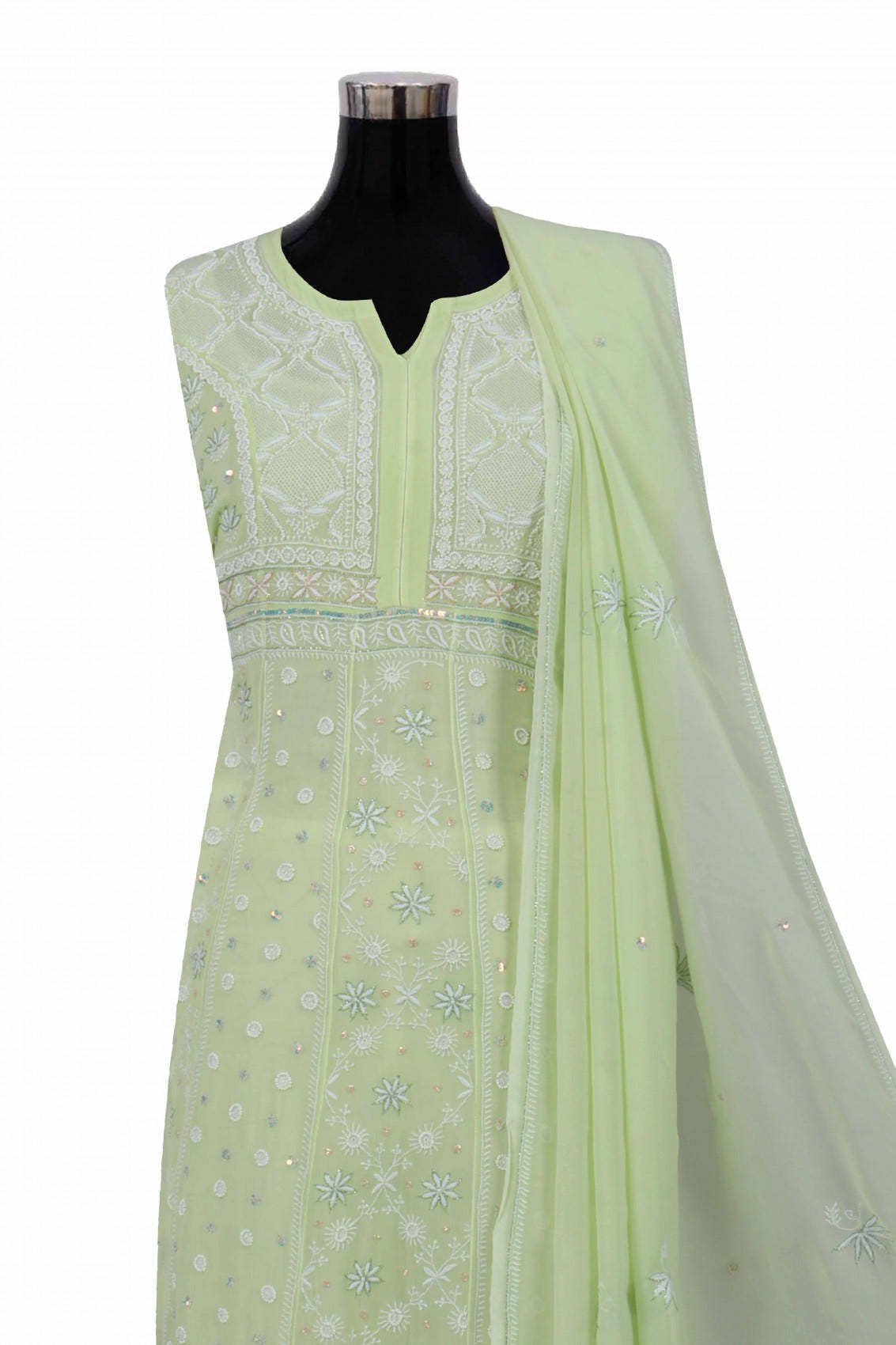 Ada Hand Embroidered Pista Tinge Georgette Lucknowi Chikankari Semi-Stitched Anarkali Kurta Dupatta Set With Pearl Work 01A204834