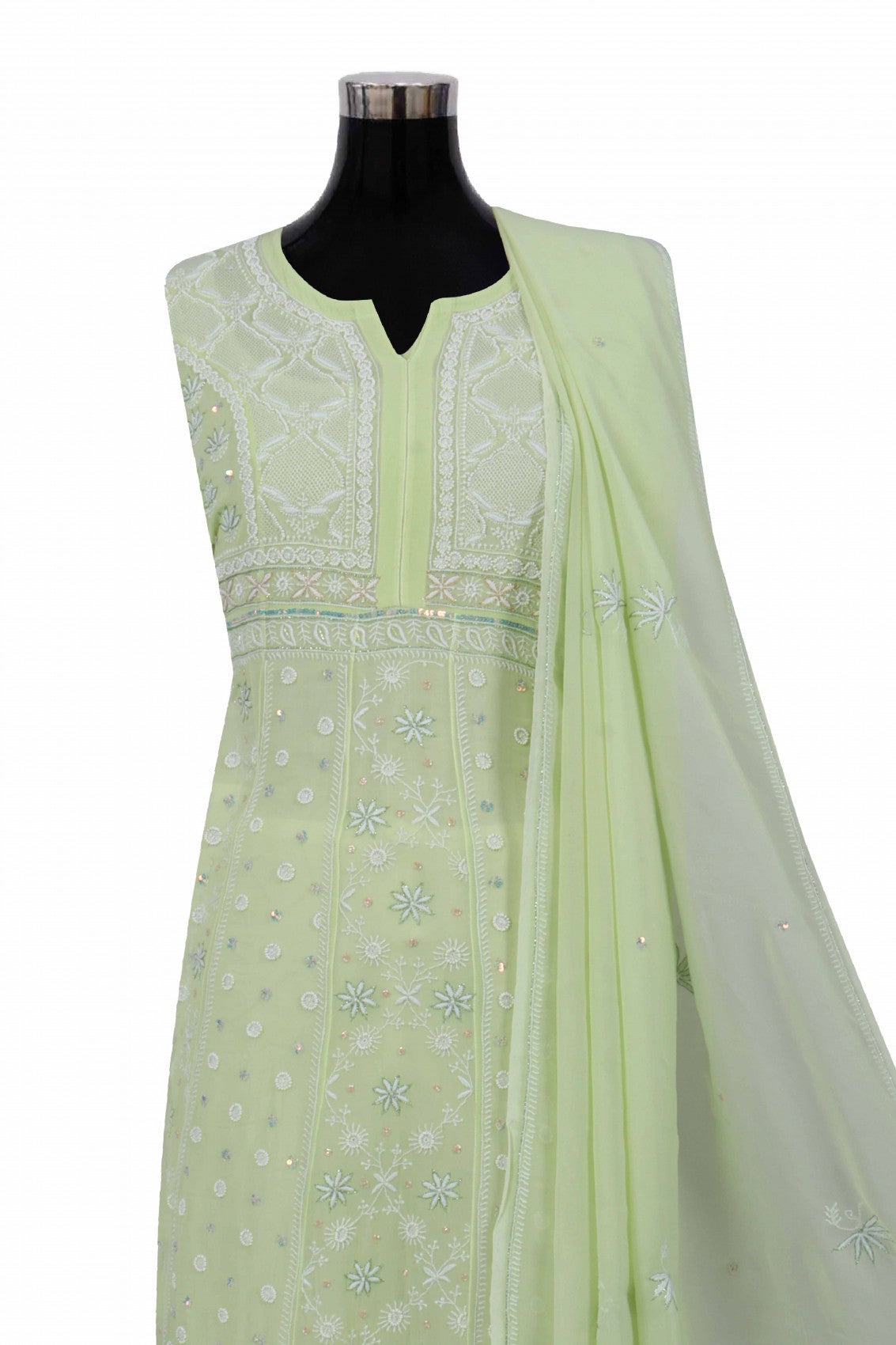Ada Hand Embroidered Pista Tinge Georgette Lucknowi Chikankari Semi-Stitched Anarkali Kurta Dupatta Set With Pearl Work 01A204834