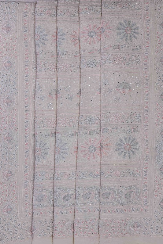 Ada Hand Embroidered White Pure Georgette Lucknowi Chikankari Saree With Blouse-A565718