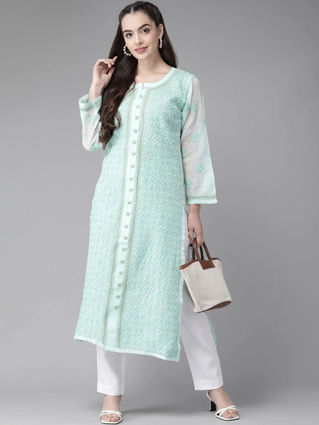 Ada Hand Embroidered Sea Green Cotton Lucknow Chikan Straight Kurta A411245