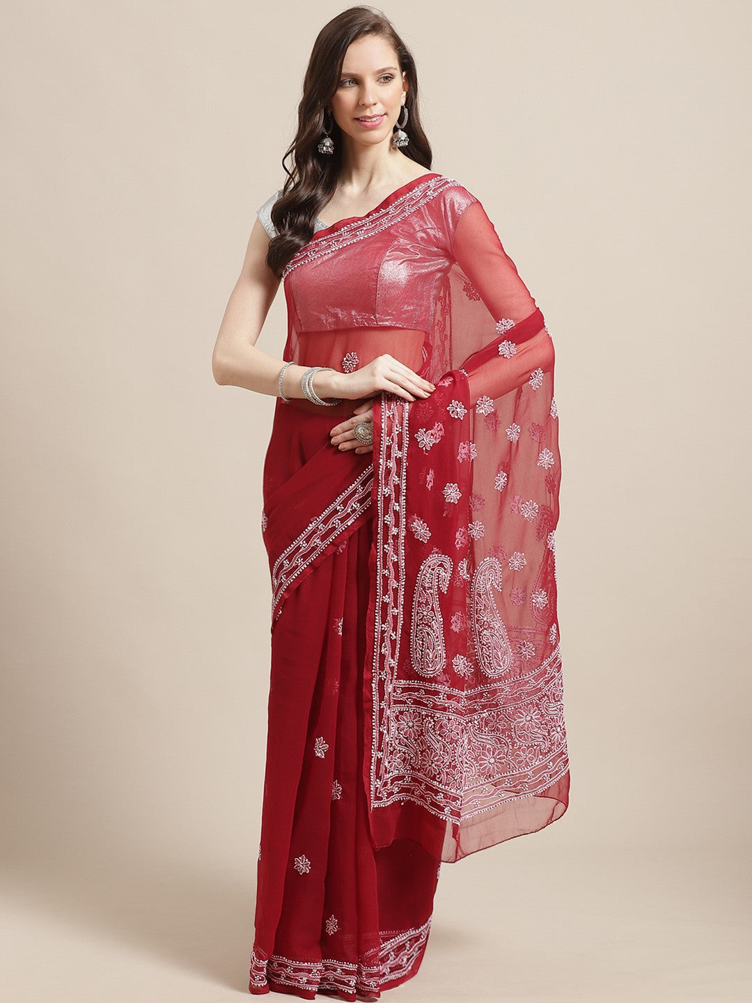 Ada Hand Embroidered Maroon Georgette Lucknow Chikan Saree with Blouse A100544