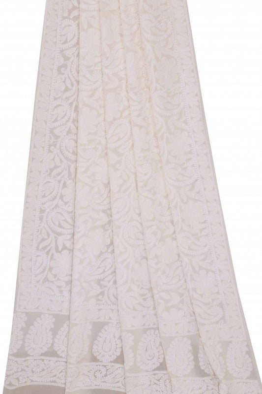 Ada Hand Embroidered White Pure Georgette Lucknowi Chikankari Dupatta -A589252