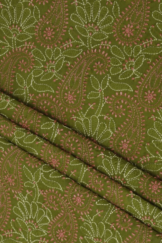 Ada Hand Embroidered Green Cotton Lucknowi Chikan Unstitched Suit Piece–A100245