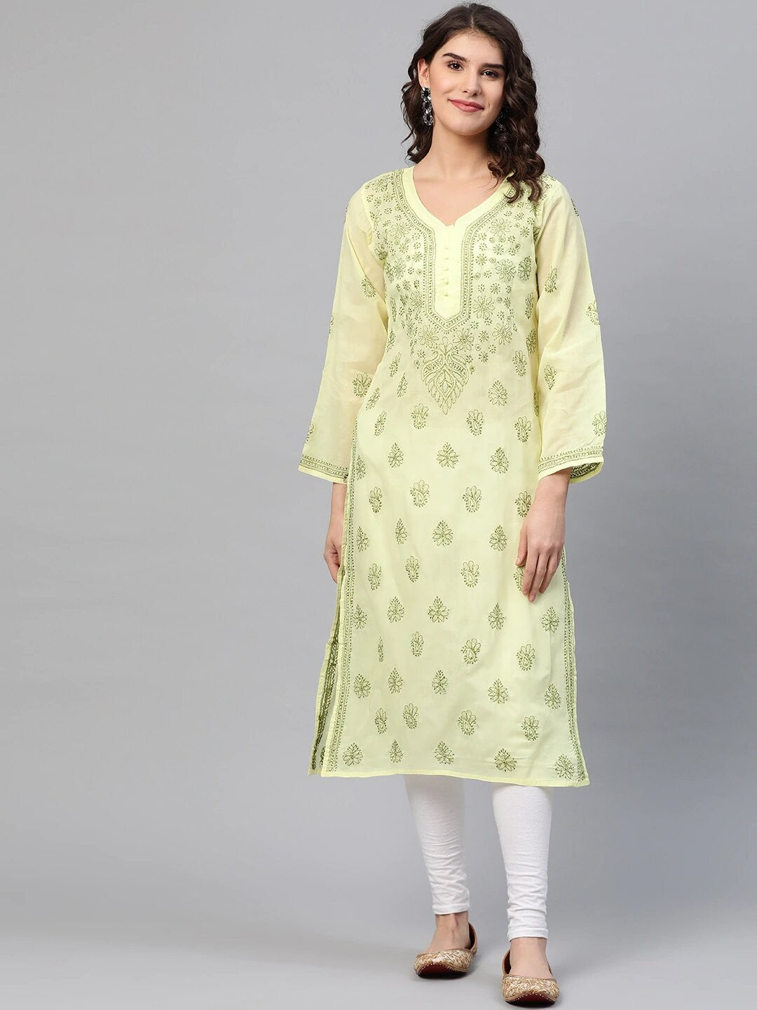 Ada Hand Embroidered Lemon Cotton Lucknowi Chikankari Straight Kurta A275710