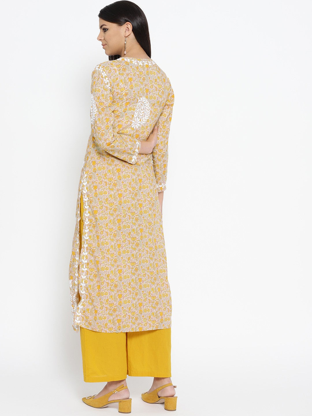 Ada Hand Embroidered Fawn Yellow Cotton Lucknowi Chikankari Straight Kurta  A100040