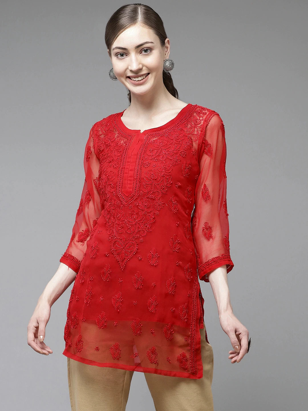 Ada Hand Embroidered Red Georgette Lucknowi Chikankari Kurti With Slip A911140