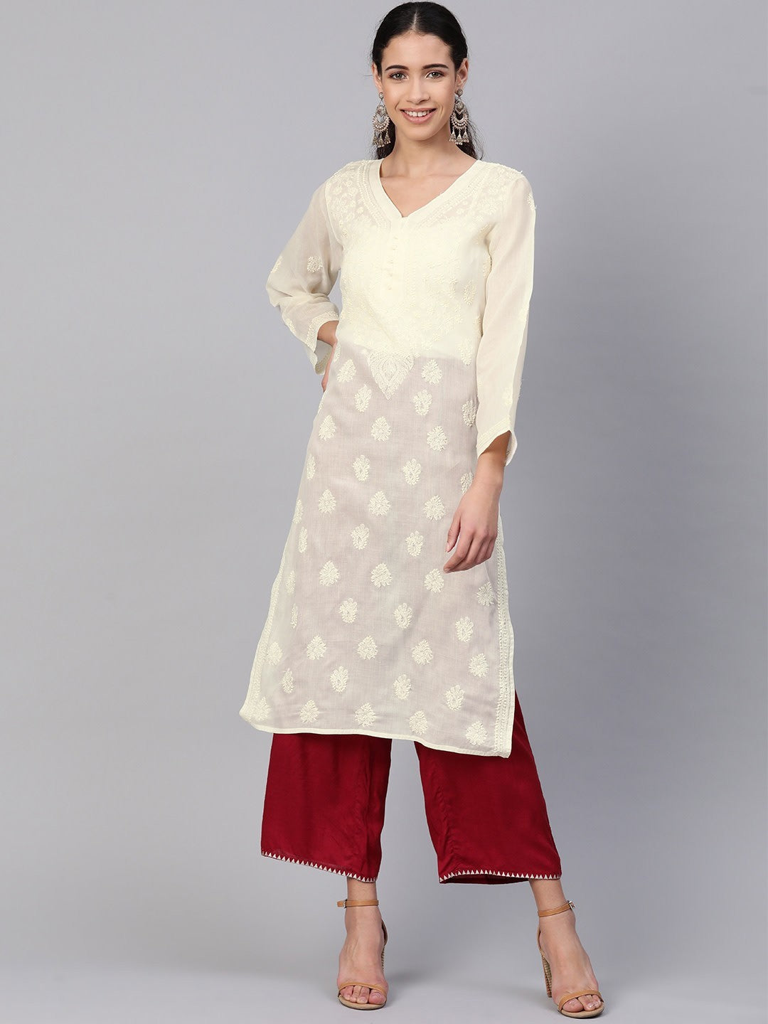 Ada Hand Embroidered Cream Cotton Lucknowi Chikankari Straight Kurta A100363