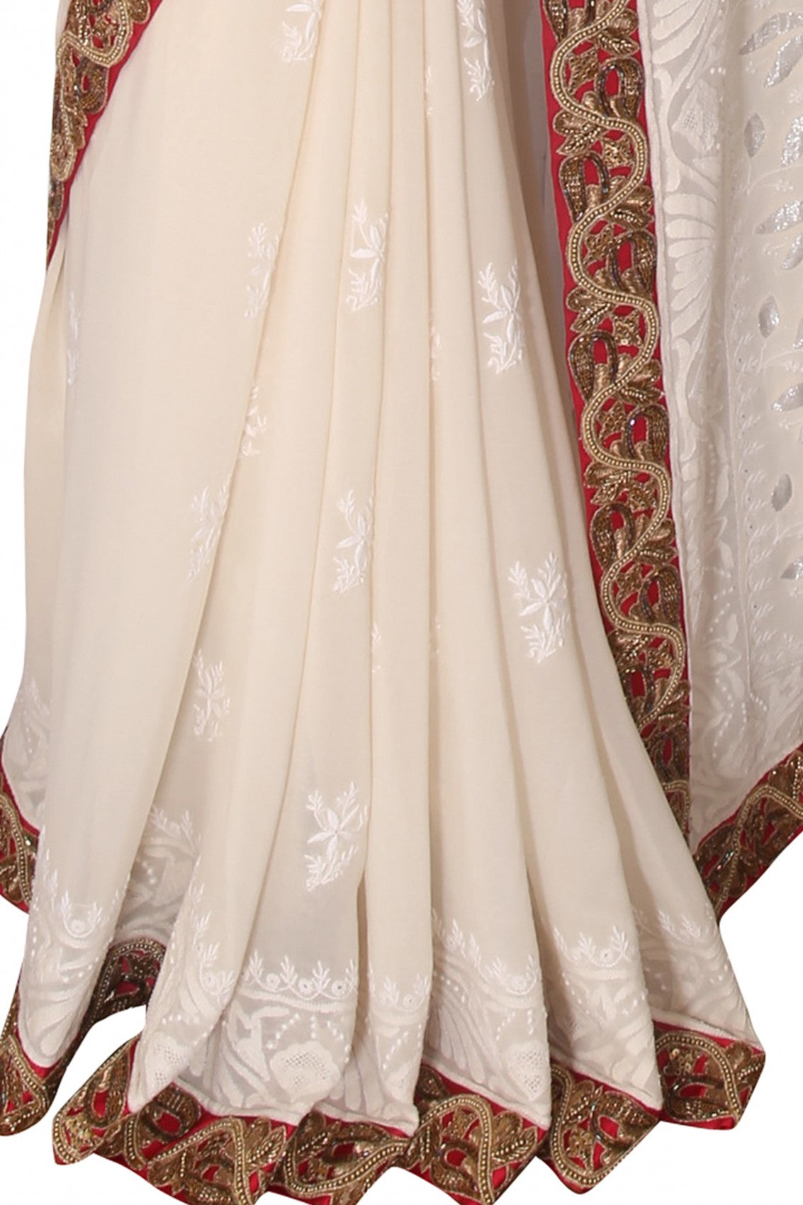 Ada Hand Embroidered Off White Pure Georgette Lucknow Chikankari Saree/Blouse With Zardozi Work A232145