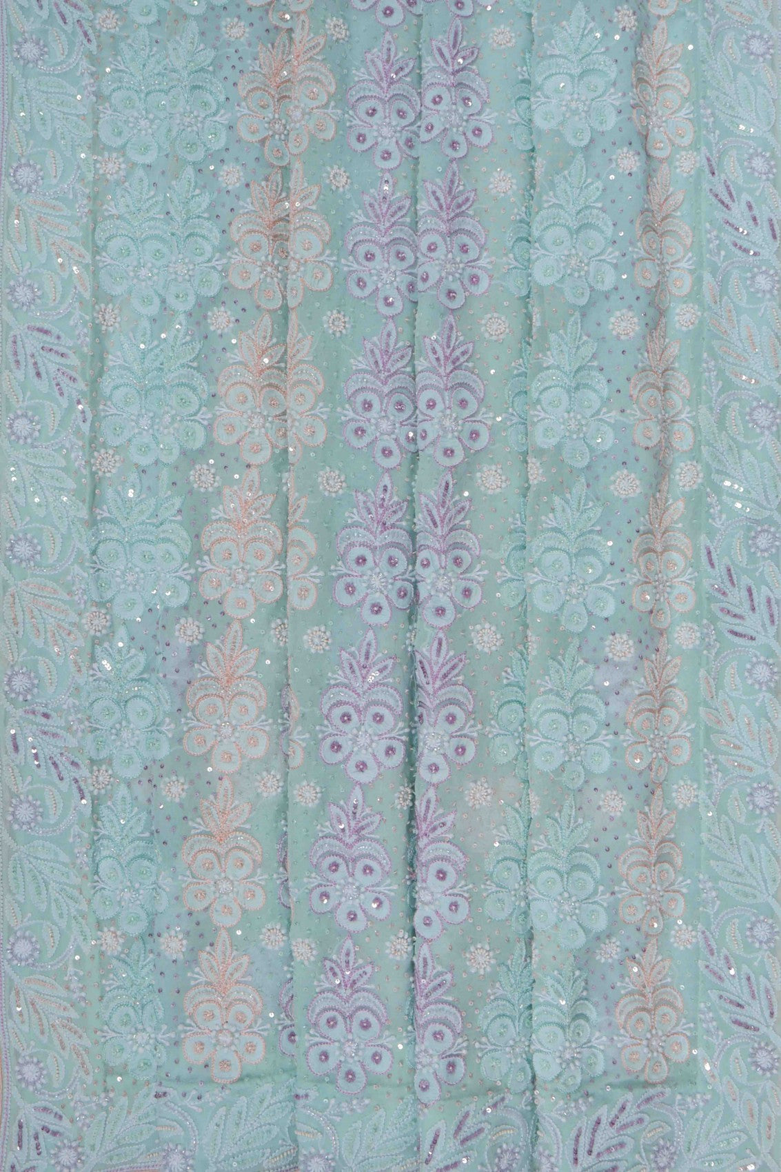 Ada Hand Embroidered Mint Green Pure Georgette Lucknowi Chikankari Saree/Blouse With Pearl Work 01A160567