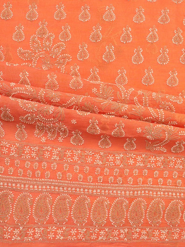 Ada Hand Embroidered Peach Chanderi Lucknowi Chikan Unstitched Kurta Dupatta Set A619028