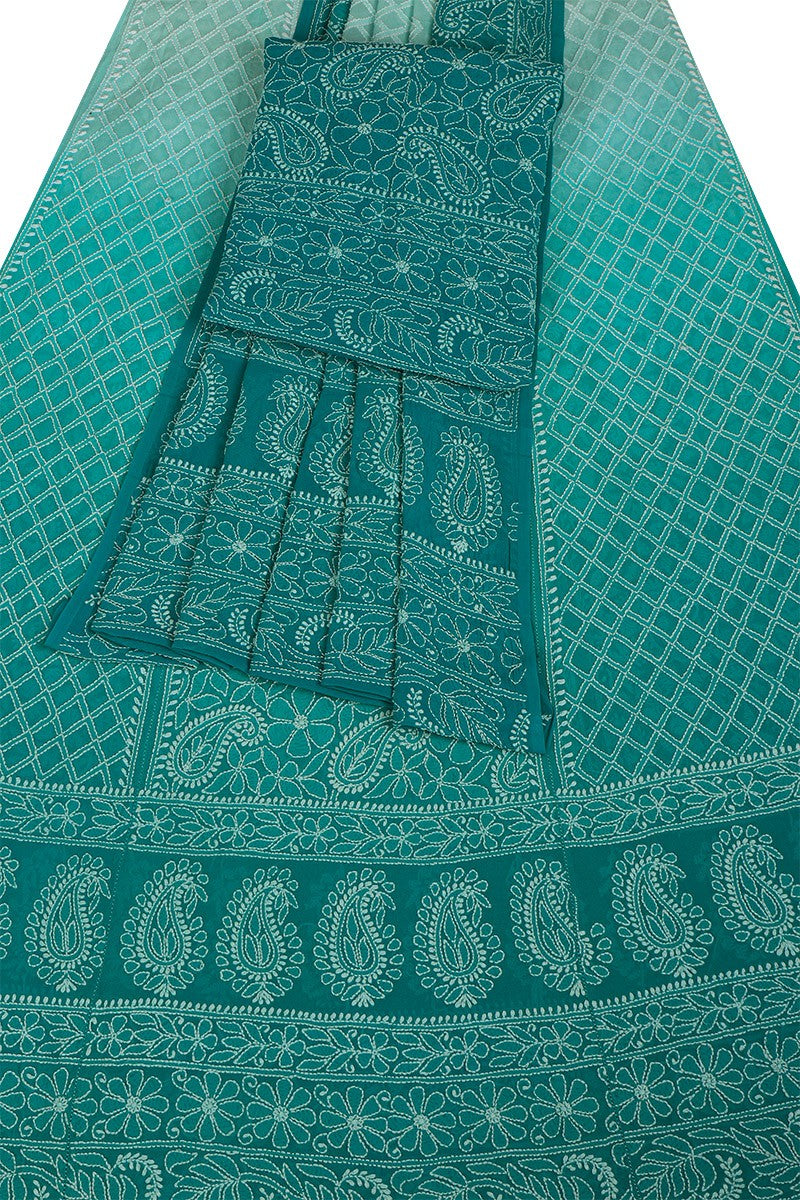 Ada Hand Embroidered Sea Green and White Shaded Pure Georgette Lucknowi Chikankari Lehenga Set A604118