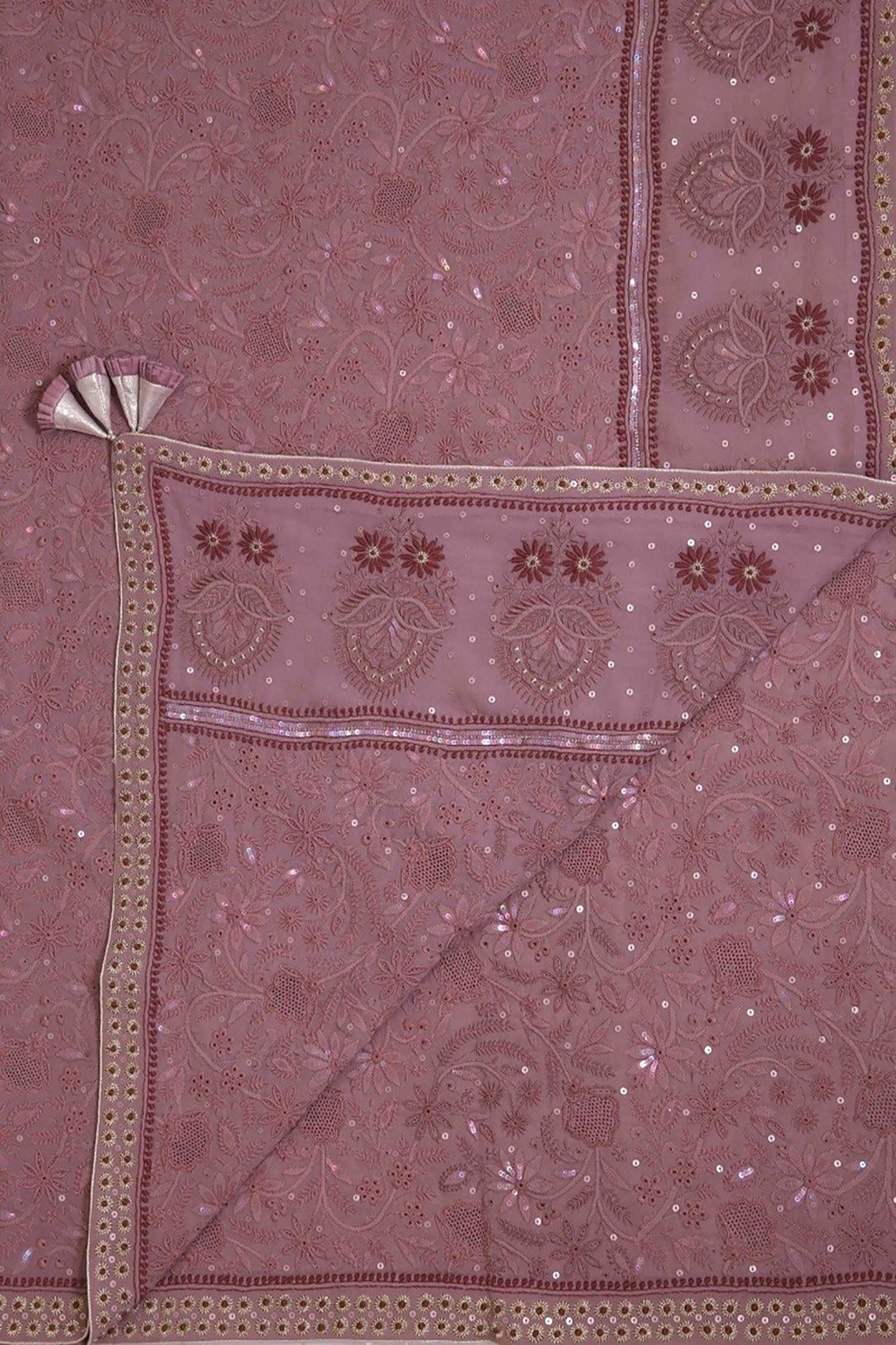 Ada Hand Embroidered Mauve Pure Georgette Lucknowi Chikankari Dupatta With Muqaish Work 01A30634