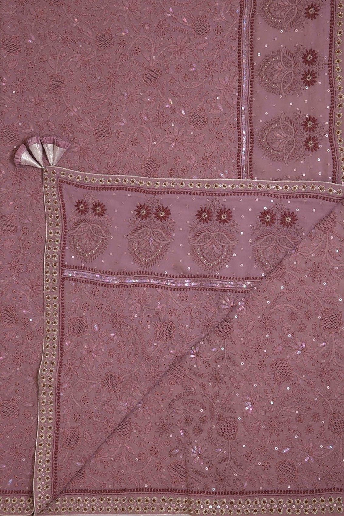Ada Hand Embroidered Mauve Pure Georgette Lucknowi Chikankari Dupatta With Muqaish Work 01A30634