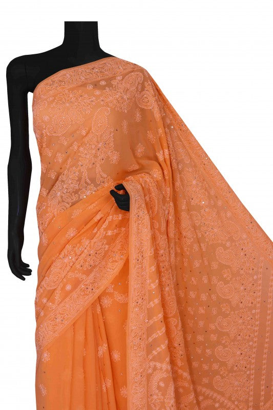 Ada Hand Embroidered Peach Pure Georgette Lucknowi Chikankari Saree/Blouse With Muqaish Work 01A100838