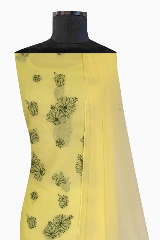 Ada Hand Embroidered Lemon Yellow Cotton Lucknowi Chikan Unstitched Suit Piece-A347815