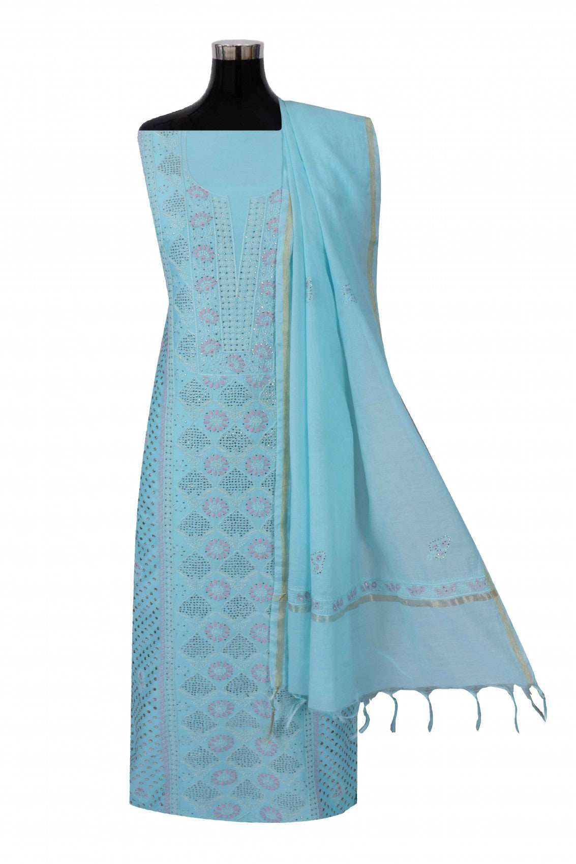 Ada Hand Embroidered Sky Blue Chanderi Lucknowi Chikankari Unstitched Suit Piece With Muqaish Work 01A195541