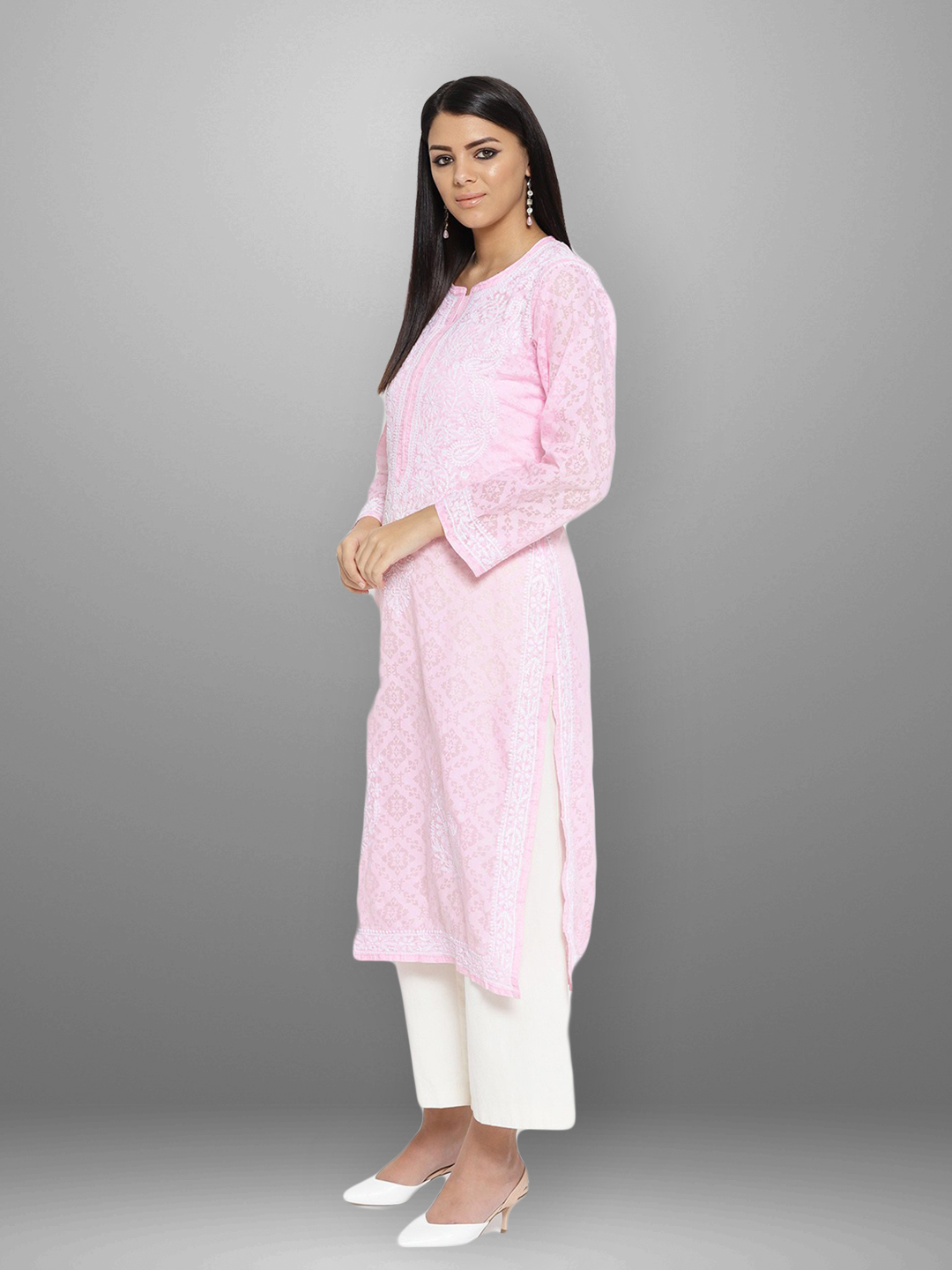 Ada Hand Embroidered Pink Cotton Lucknowi Chikankari Straight Kurta A100108