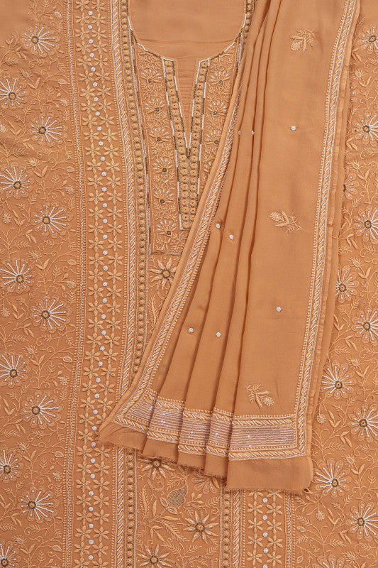 Ada Hand Embroidered Fawn Pure Georgette Lucknowi Chikan Unstitched Kurta Dupatta Set with Pearl Work A576803