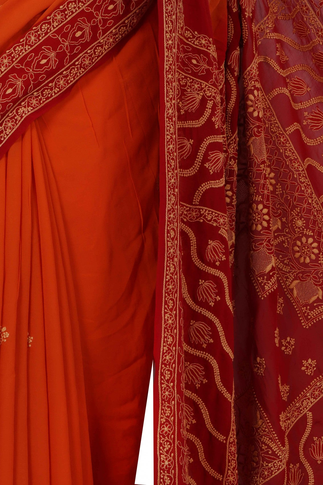 Ada Hand Embroidered Rust and Red Ombre Shade Pure Georgette Lucknowi Chikankari Saree With Blouse 01A224311